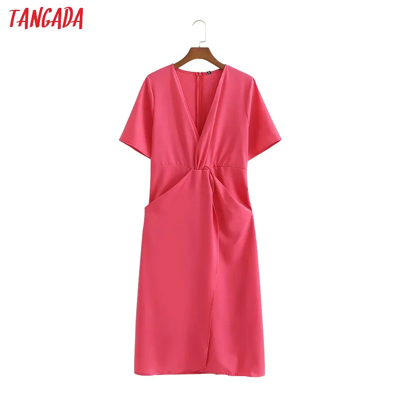 

Tangada women elegant pink midi dress short sleeve pleated back zipper sexy V neck split female dresses vestidos 1D195