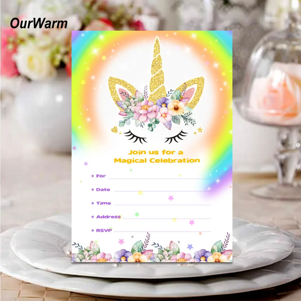 Us 399 15 Di Scontoourwarm Unicorno Inviti Card Con Buste Unicorno Decorazioni Della Festa Di Compleanno Biglietto Dinvito Per Bambini