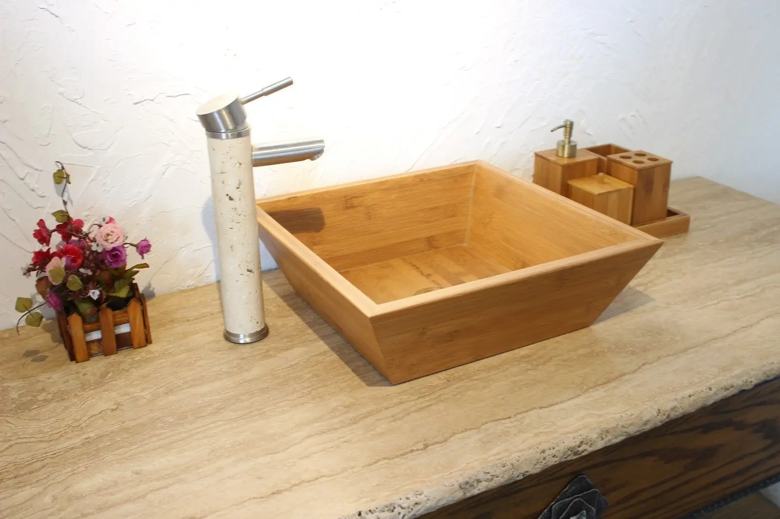 Laminated Natural Bamboo Vessel Sink Brushed Nickel Bathroom Sink TYB