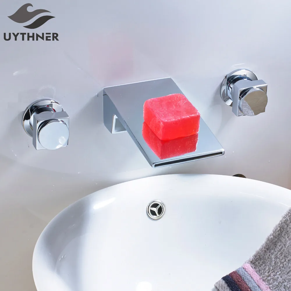 

Uythner Big Discount 3pcs Waterfall Spout Bathroom Basin Faucet Double Round Handles Mixer Tap Chrome Finish