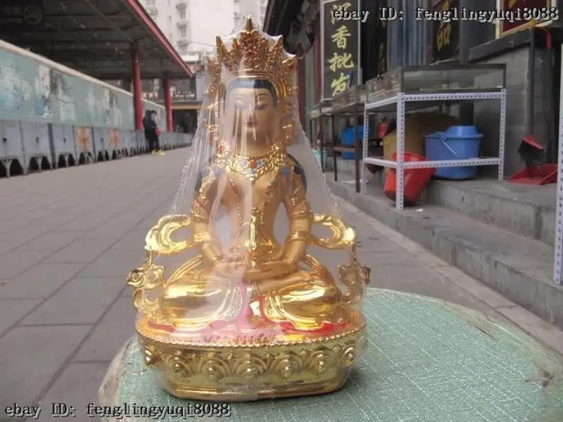 9&quotTibet Folk Buddhism Bronze painted Gilt Long Longevity Amitayus Buddha Statue | Дом и сад