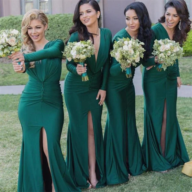 Hunter Green Deep V Neck Mermaid Long Bridesmaid Dresses 2017 Hunter Green Deep V Neck Mermaid Long Bridesmaid Dresses 2017 Sleeves Maid Of Honor Gowns