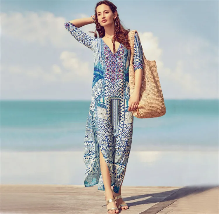 

Dress For Beach 2019 Outings Tunic Summer Cover Up May Women's Beachwear Woman Swimsuit People Loose Cotton Print Big Yards Plus