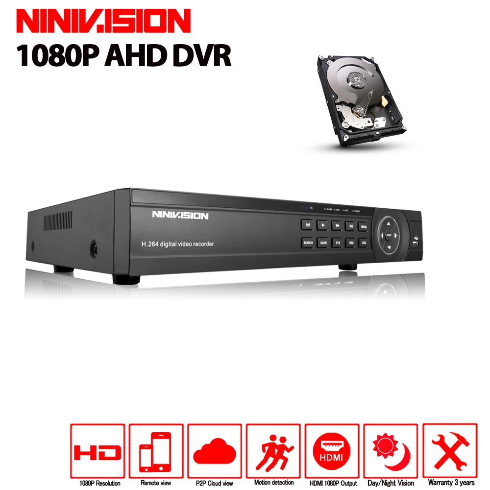 

NINIVISION Super 16CH AHD DVR HD 1080P Video Recorder H.264 CCTV Camera Onvif Network 16 Channel IP NVR Multilanguage 2TB HDD