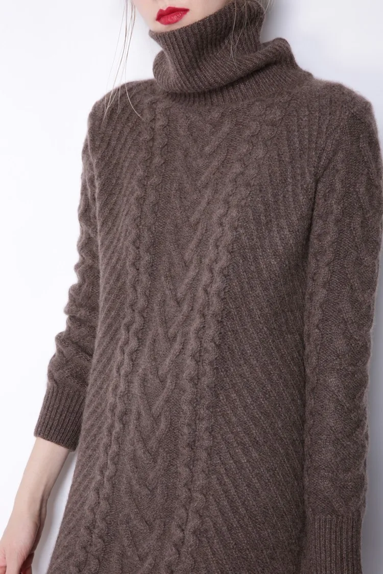 

New winter cashmere long women's dress knit pullover twisted high collar slim warm sweater