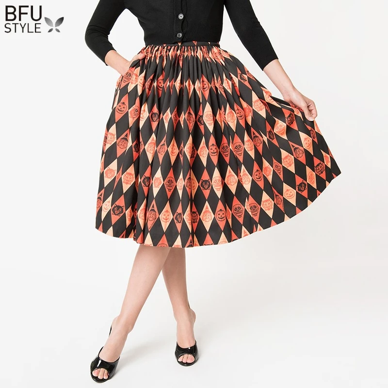 Women's Vintage Floral Print Elastic High Waist Pleated Midi Skater Circle Skirt