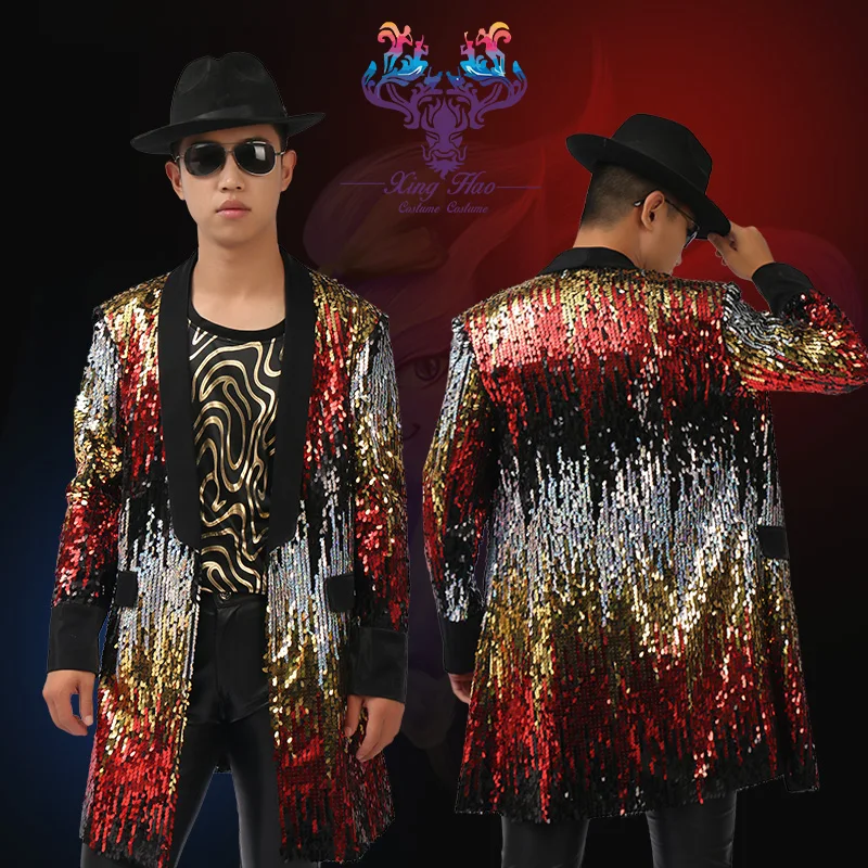 Colorful long sequin blazer jaqueta masculina men blazer masculino stage costumes for singers mens blazer font