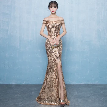 

Sequins Gold Female Mermaid Dress Floor Length Elegant Vestidos Sexy High Split Off Shoulder Evening Party Gowns Size XS-XXL