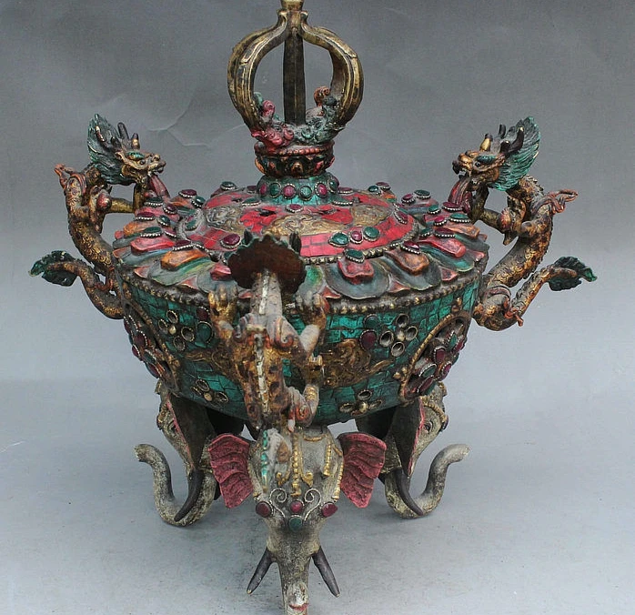 

15" Old Tibet Royal Palace Turquoise Dragon Elephant Head Incense Burner Censer