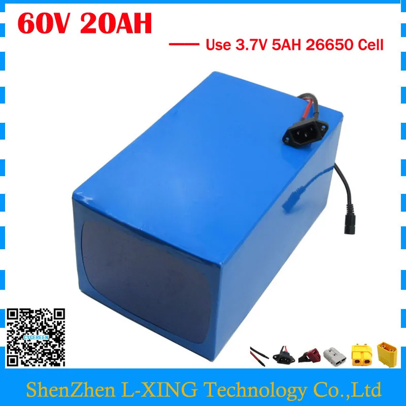 

Free customs fee 1500W 60V 20AH Lithium battery 60V Electric bike Battery with PVC Case use 3.7V 5000MAH 26650 cell 2A Charger