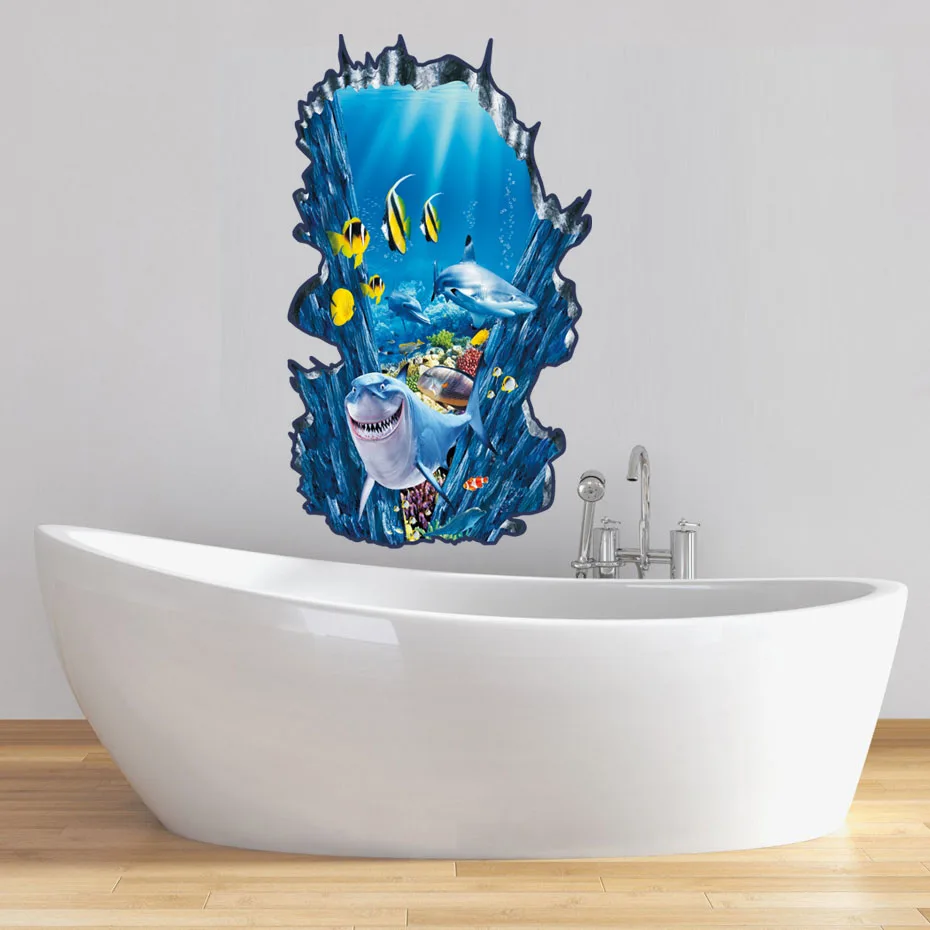 Bathroom 3D Undersea Animals Toilet Decals Shark Fish Ocean World Wall Stickers Vinyl Removable Vivid High Quality Waterpaper (5)