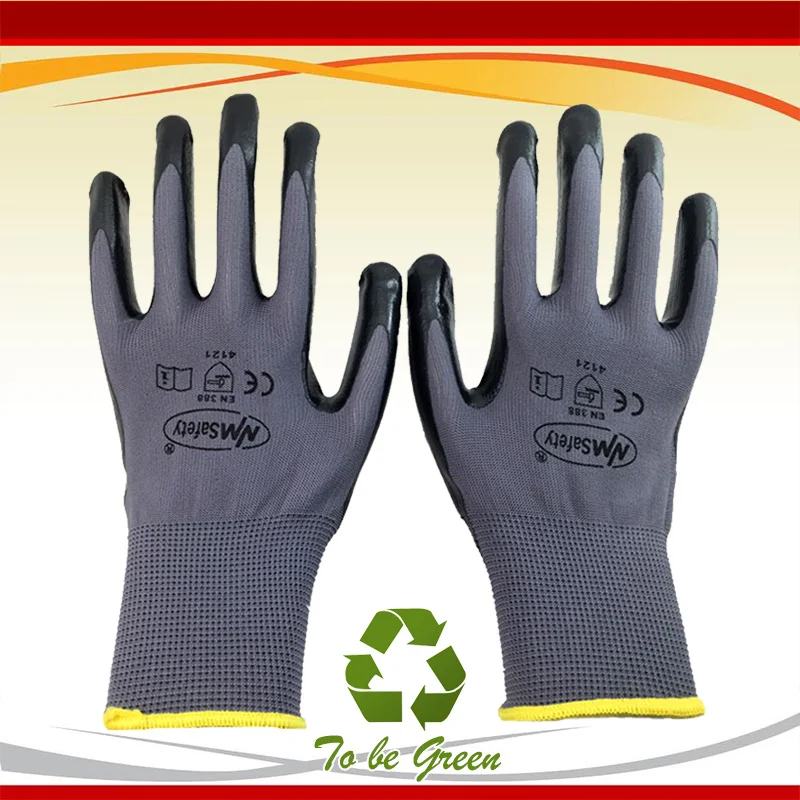 NMSafety 13 gauge nylon dipping nitrile work gloves/Rubber safety glove