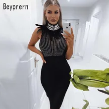 Beyprern необходимые вещи с черными перьями, из кусков, с украшением в виде кристаллов Бандажное платье летние женские пикантные сетчатые Украшенные Bodycon Вечерние Платье Clubwears Beyprern необходимые вещи с черными перьями, из кусков, с украшением в виде кристаллов Бандажное платье летние женские пикантные сетчатые Украшенные Bodycon Вечерние Платье Clubwears