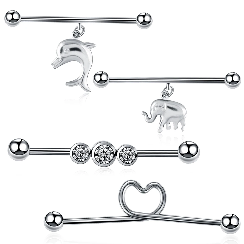 

2pcs/lot Steel with Cute Dolphin Elephant Logo Industrial Barbell Earrings CZ Gem Ear Cartilage Piercing Charming Jewelry 14g