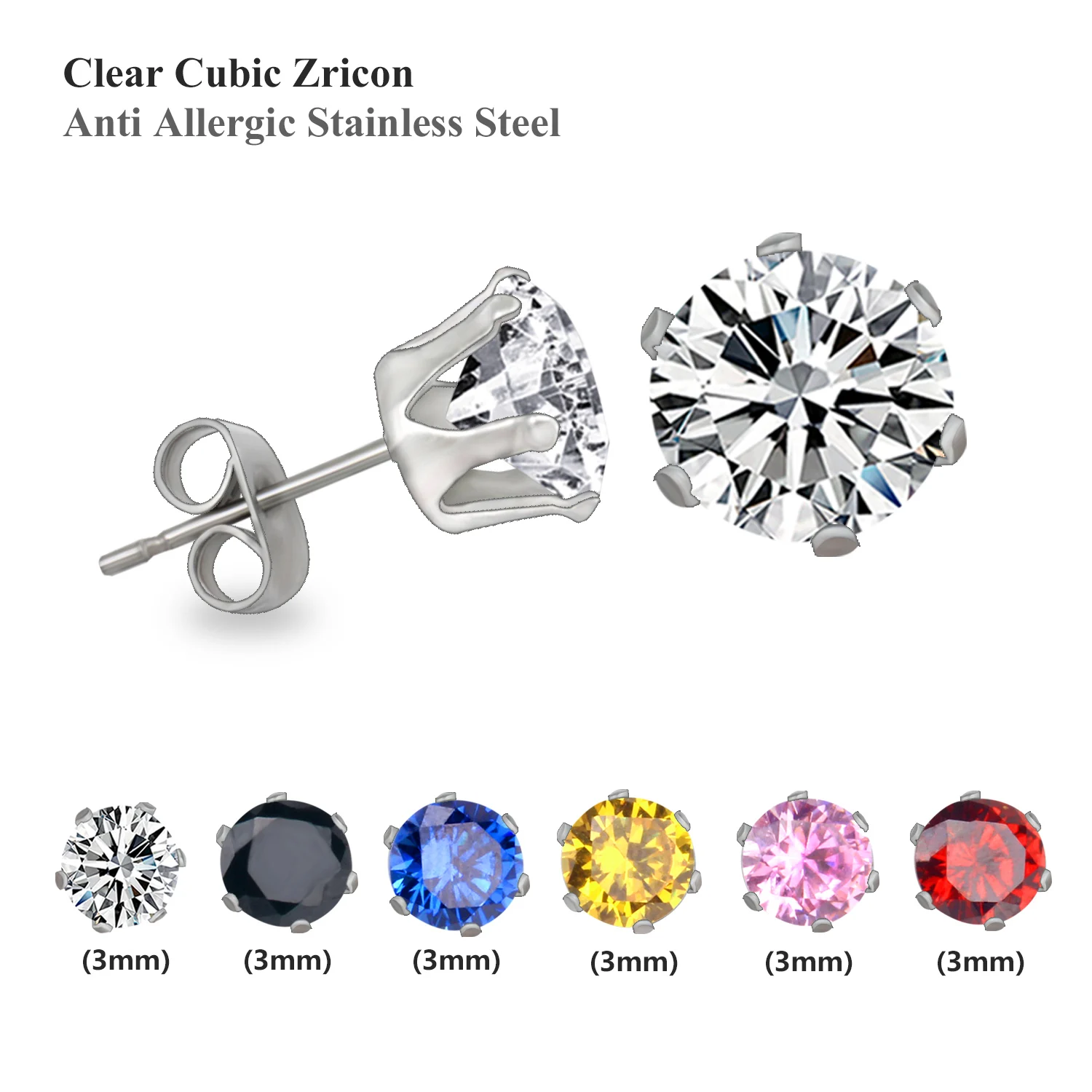 LUXUSTEEL Gift Box 6pairs Earring Sets Size 3mm/5mm/7mm Stainless Steel Anit-allergy Colorful Crystal Stud Earring Bijoux
