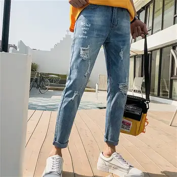 

Free Shipping New 2019 Men's Embroidered word Jeans Fashion High Denim Pencil Pants Light blue hole small straight Trousers
