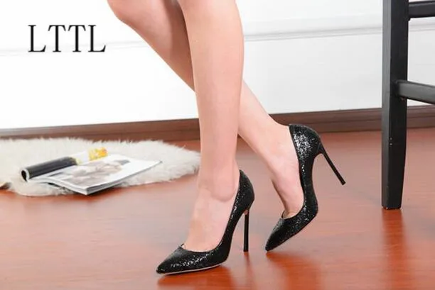 2017 Sexy black sliver bling bling women pumps thin heels high heels shoes women fashion shallow pumps shoes Nightclub shoes