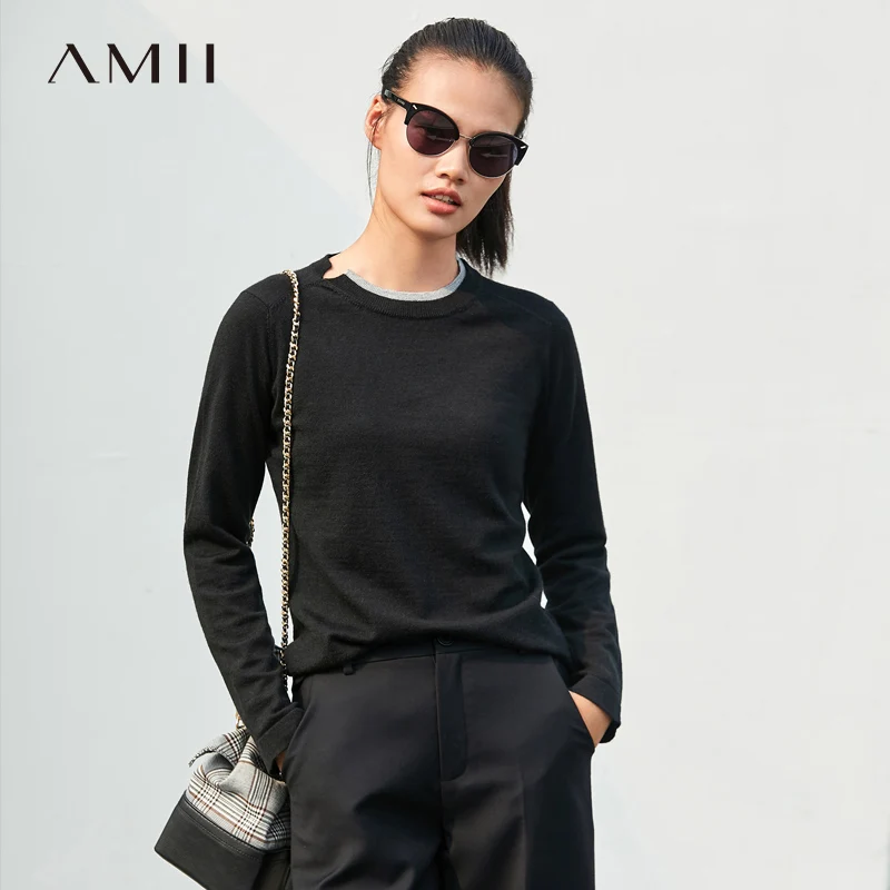 

Amii Minimalist Chic Jumper Sweater Women Autumn 2019 Causal Solid Fake Two Pieces Asymmetrical Female Knitted Pullover Sweater