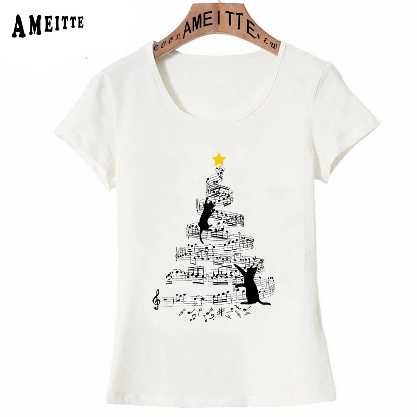 

Music Note Christmas Tree Cat Vintage Print T-shirt New Summer Women T-Shirt Funny Girl Casual Tees 2019 Fashion Woman Tops