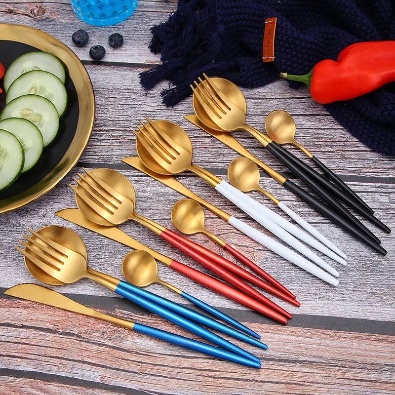 

24pcs Elegant Red Gold Silver Tableware Set 304 Stainless Steel Cutlery Set Drop Shipping