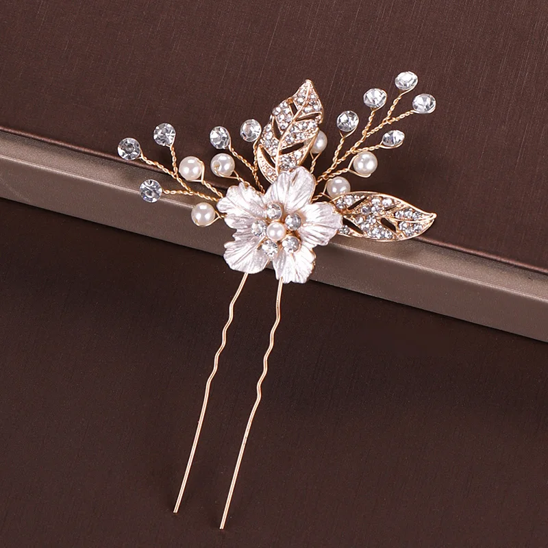 Gold Pearl Tiara Hairpin Clip Crystal Rhinestone Hair Jewelry For Women Flower Handmade Headband Wedding Bridal Hair Accessories