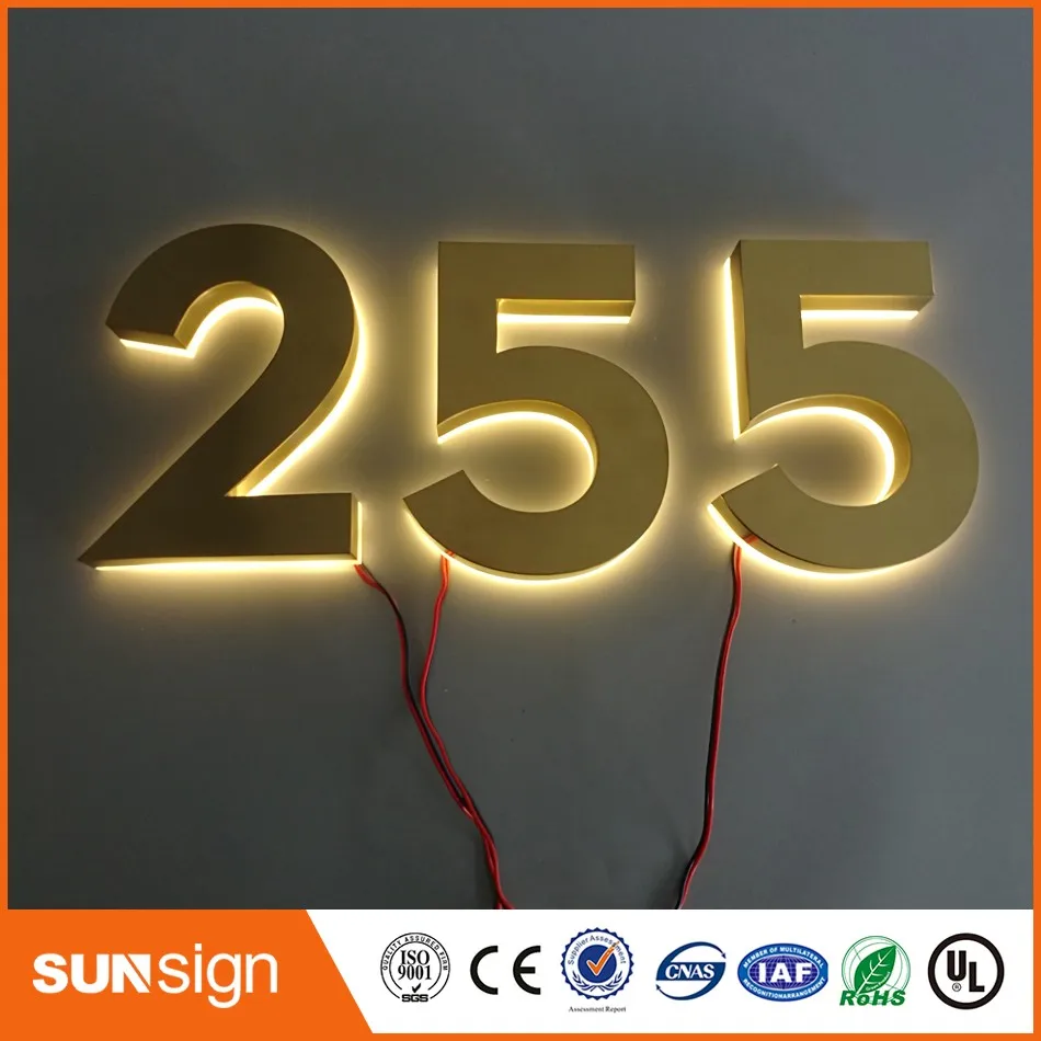 Benutzerdefinierte gold farbe brushed metal hausnummern warmweiß led hausnummernchina mainland