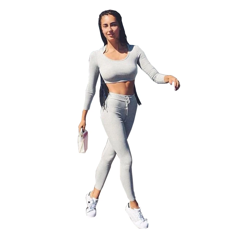 

Women Fitness Suit Gray Long Sleeve Crop Top Pants 2 Pieces Yoga Sets Quick Dry Gym Sports Leggings Workout Clothes Legging Set