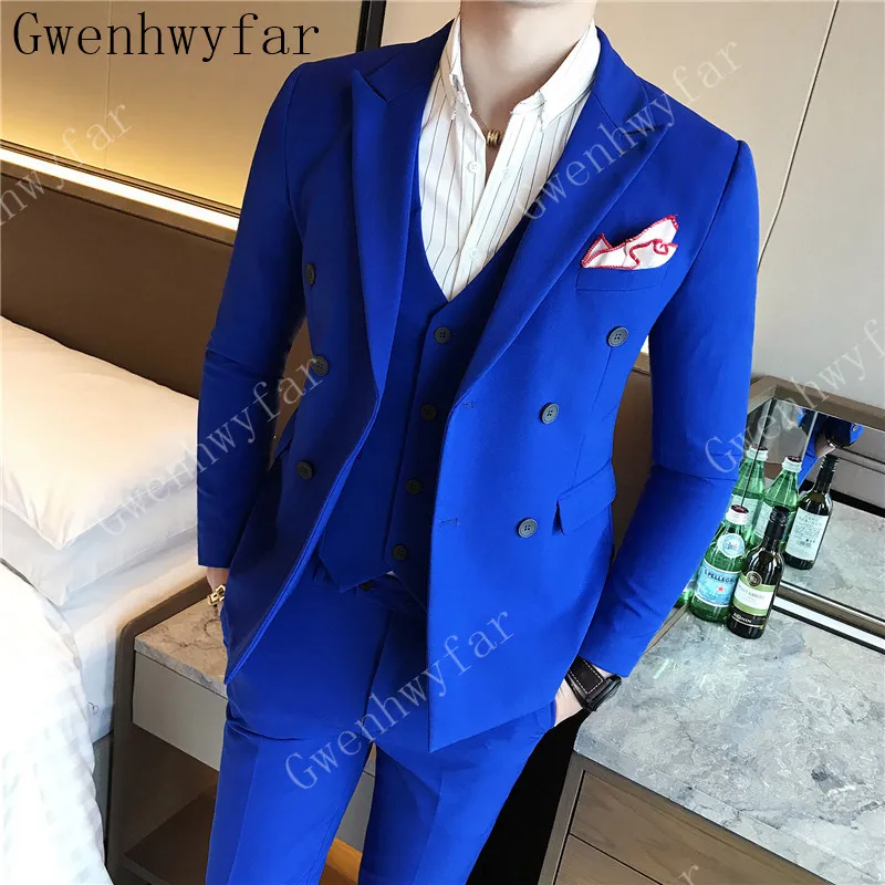 Gwenhwyfar синий черный костюм молодой мужской костюм мужские деловые мужские костюмы Классический костюм для офиса(пиджак+ брюки+ жилет - Цвет: royal blue