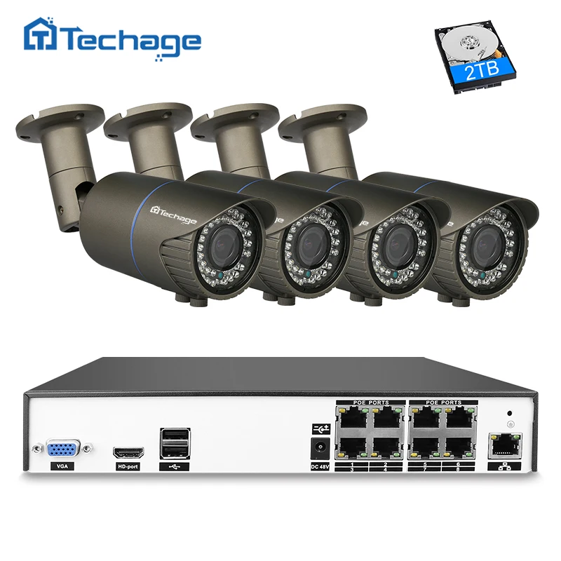 Techage H.265 8CH 4MP NVR POE CCTV Системы 2,8 мм-12 мм объектив с переменным фокусным расстоянием IP Камера охранных P2P видеонаблюдения Системы комплект