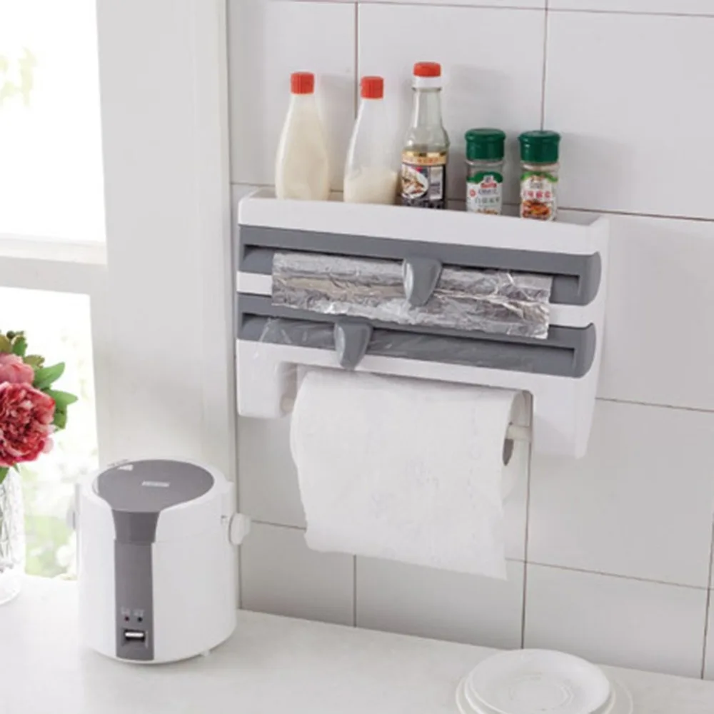 

Portable Kitchen Cling Film Sauce Bottle Storage Rack Container Paper Towel Holder with Cutting Blades Home Kitchen Supplies
