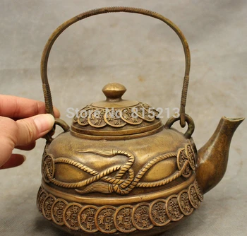 

bi001195 8" Folk Chinese Bronze Carved Wealth Money Coin Statue Handle Teapot Wine Pot