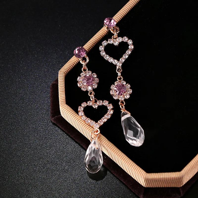 

JOUVAL Statement Purple Crystal Water Drops Heart Long Dangle Earring Asymmetrical Women's Drop Earring Za Bride Female Jewelry