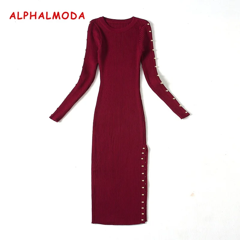 

[ALPHALMODA] 2017 Women Autumn and Winter Knited Slim Vestidos Rivets Side Low Slit Long Sleeve Autumn Dress