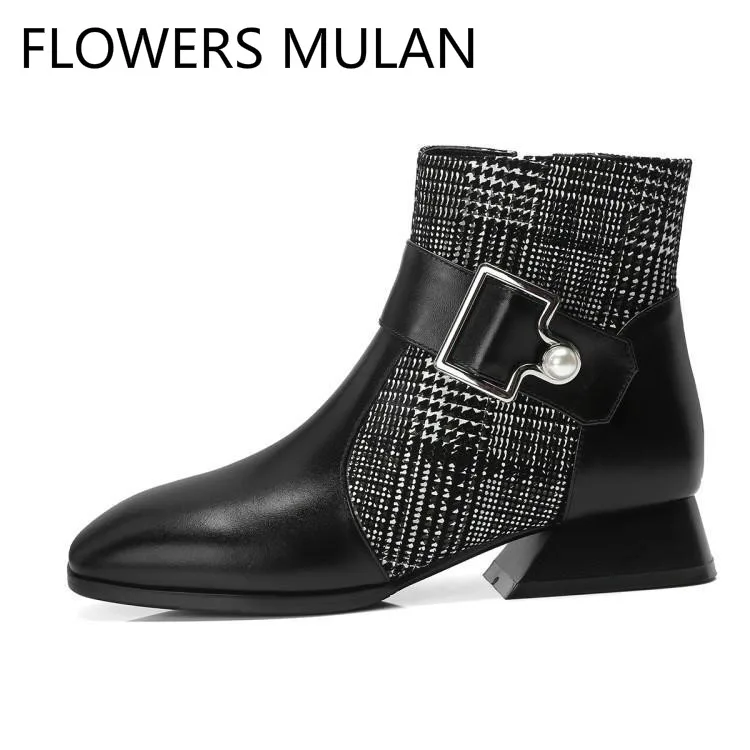 

Chic Patchwork Black Leather Plaid Cloth Ankle Boots For Women Round Toe Low Heel Botas De Mujer Pearl Bag Buckle Shoes Woman