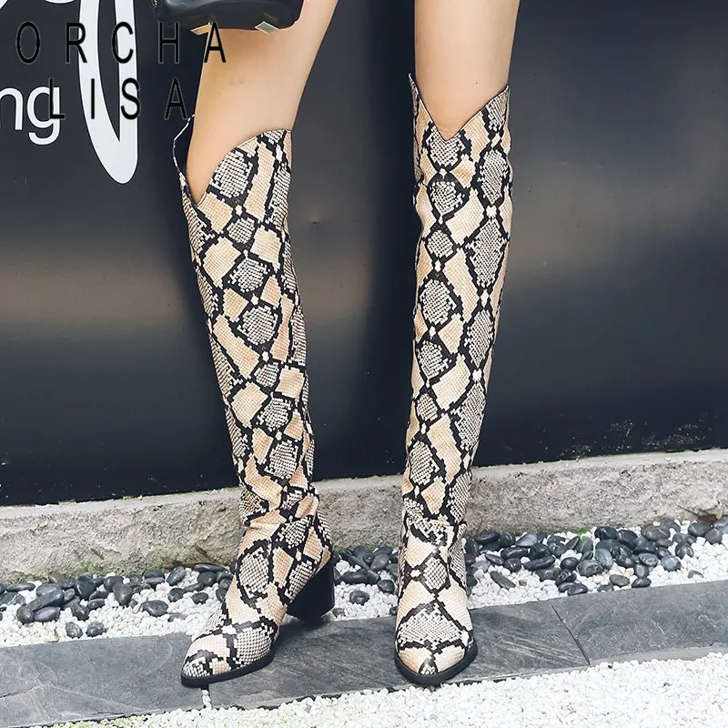 

ORCHA LISA big size 44 46 Patent Leather Over-The-knee boots for Women Square High Heels Pointed Toe Female snake Slip-On Boots