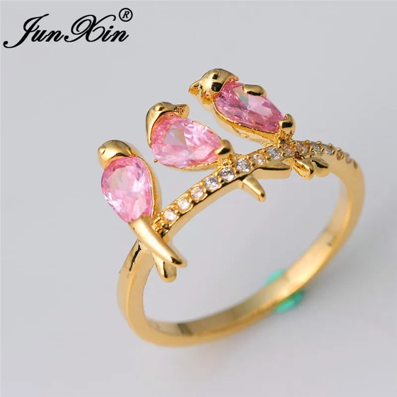 JUNXIN Cute Animal Pink Birds Rings For Women Yellow Gold Filled Red Stone Green Purple Zircon Birthstone Ring Female Wedding