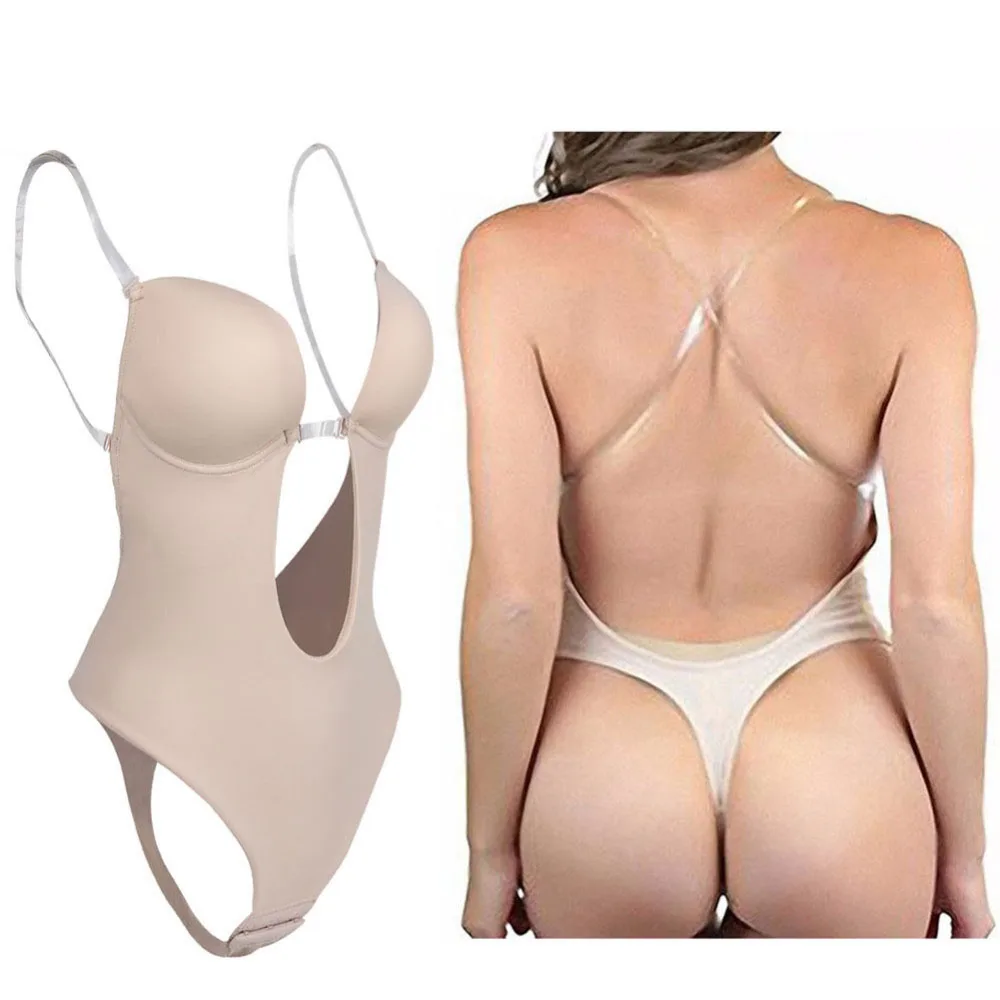 Women Body Shaper Clear Strap Backless Shapewear Deep Plunge Thong Push Up Padded Bra Bodysuit Low Back Beige Slimming Underwear