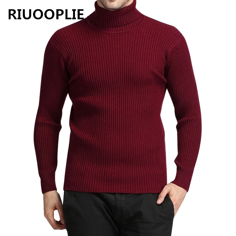 RIUOOPLIE Autumn Winter Mens Slim Fit High Neck Woolen Sweater Fashion Solid Color 5