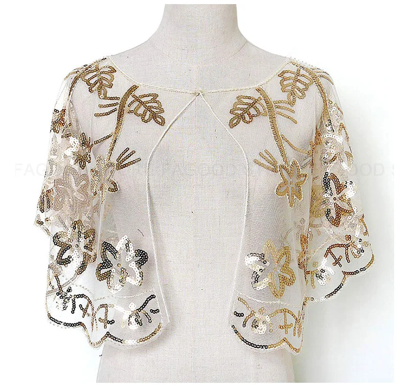 Women Glittering 1920s Shawl Wraps Sequin Beaded Evening Cape Bolero Flapper Cover Up (6)