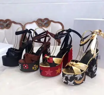 

INS hot woman chunky high heel platform sandal woman high platform bow lace up high heel chunky sandal real photos 14 CM HEEL