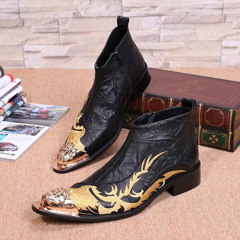 Fashion autumn winter genuine leather mens ankle boots gold embroidery Fashion autumn winter genuine leather mens ankle boots gold embroidery