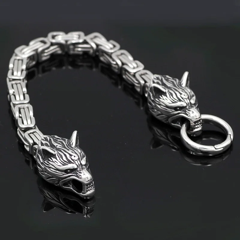 Изысканный браслет викинга из нержавеющей стали с двойной волчьей головой, браслет-цепочка из титана и стали, ювелирные изделия в стиле панк