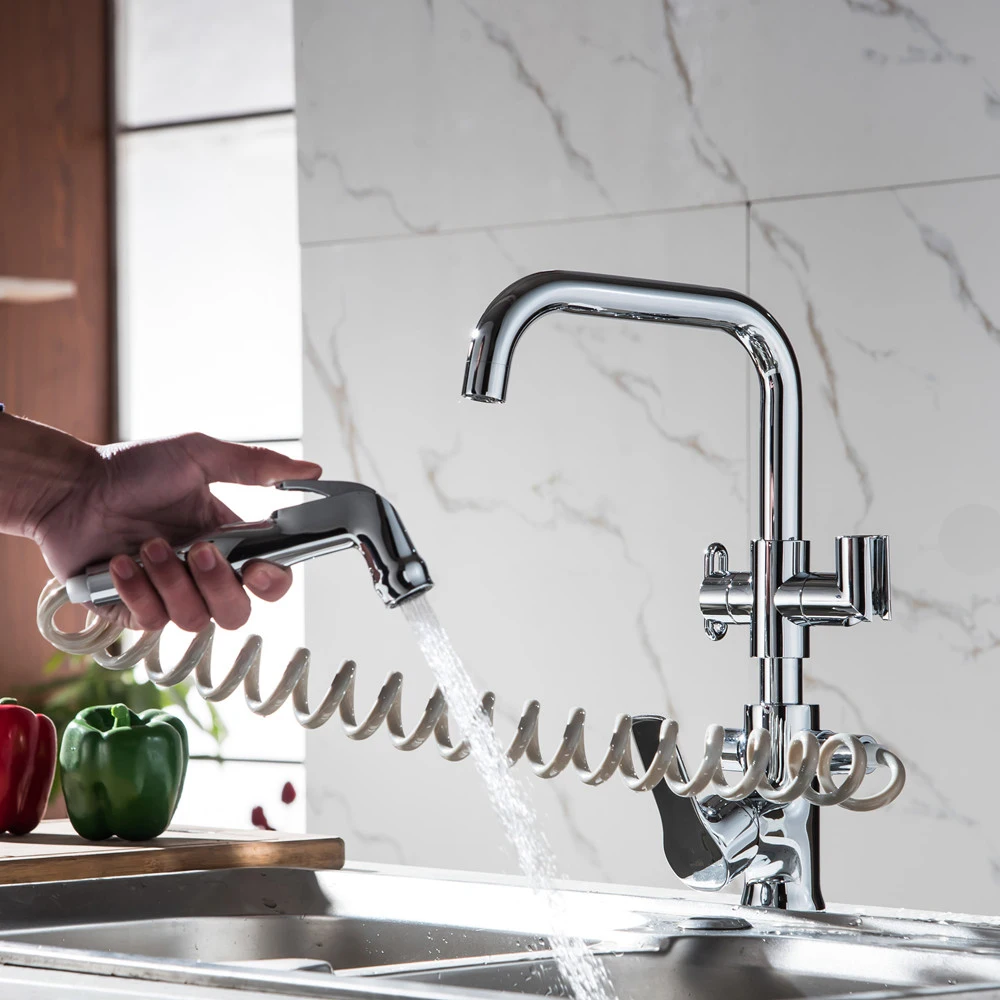Pull out Side Sprayer Dual Spout Single Handle Mixer  Hot And Cold Deck Mounted  Kitchen Faucets Sink Faucet 360 Rotation Taps43