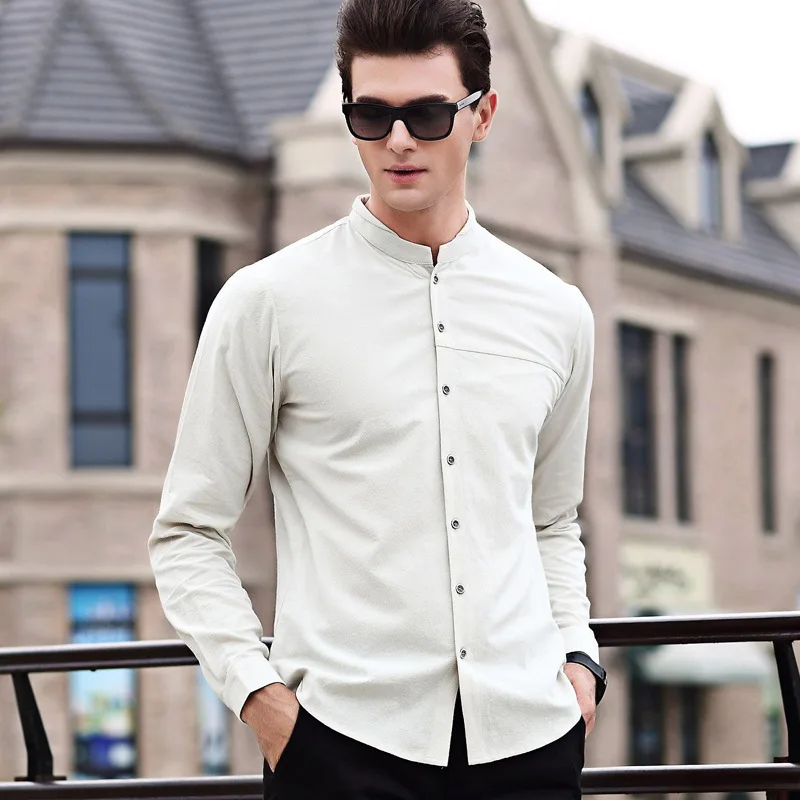 New Arrival Mandarin Collar Mens Shirts Pure Color Turn Down Collar ...