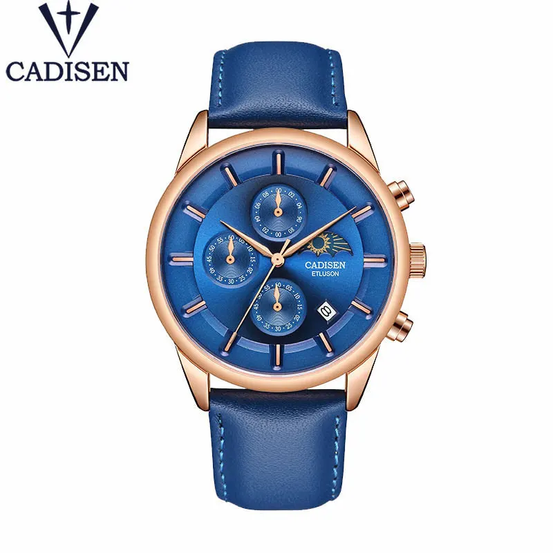 CADISEN новые мужские часы, мужские часы, Топ бренд, Роскошные Кварцевые часы для мужчин, водонепроницаемые часы для мужчин, Moon phase Relogio Masculino - Цвет: Blue No box