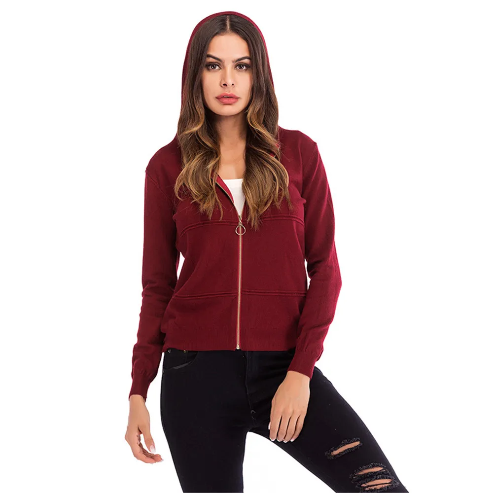 Women's solid color hooded zipper cardigan long-sleeved jacket shirt Coat