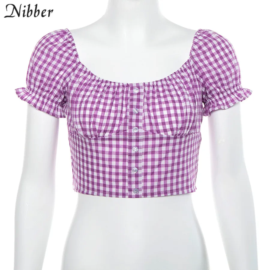 Nibber High street Повседневные хлопковые клетчатые Короткие топы женские футболки летние элегантные офисные футболки с открытыми плечами с коротким рукавом