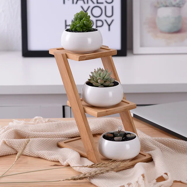 1 Set Modern Minimalist White Ceramic Flowerpot Succulent Plant Pot 3 Bonsai Planters with 3-Tier Bamboo Shelf Home Garden Decor