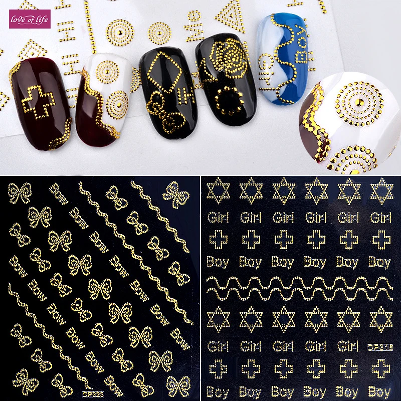 1 Stks Goud 3d Metalen Nail Stickers Boog Cross Bloemen Ontwerpen