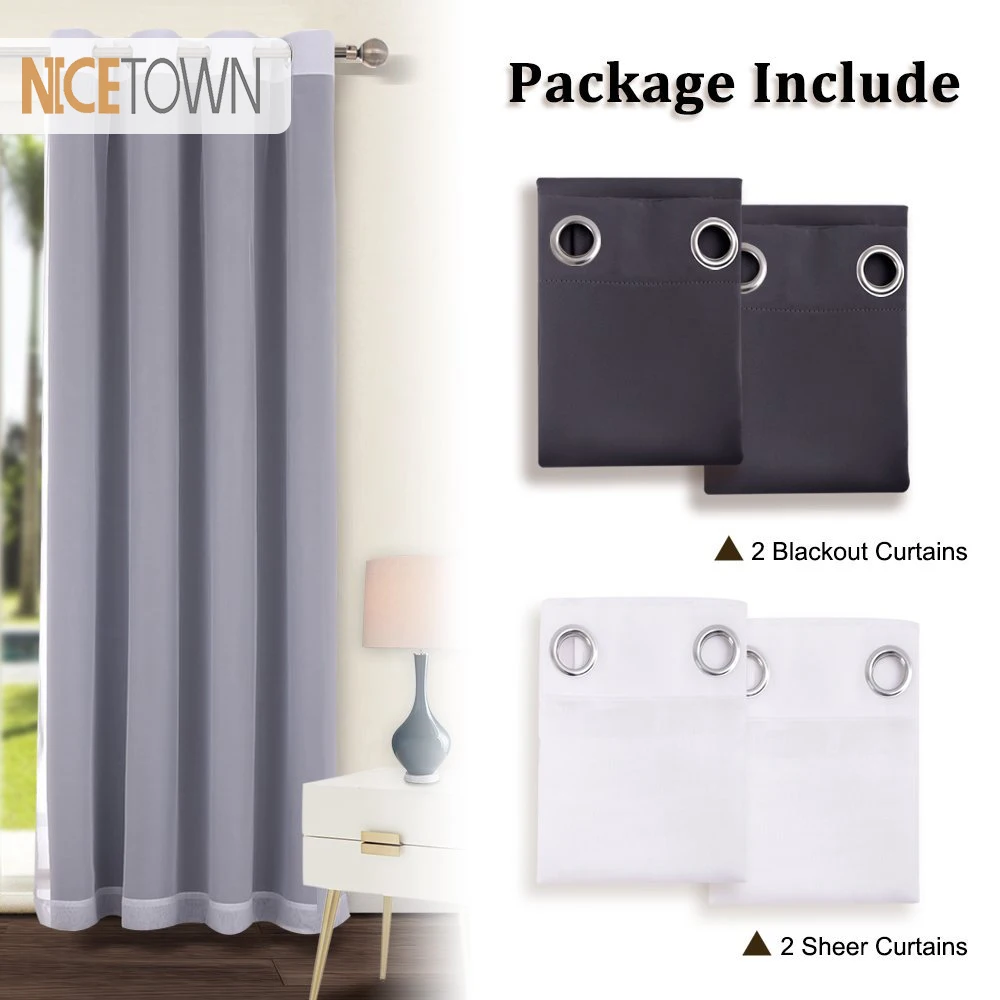 

1 Pair Modern Style Blackout Curtains and Voile Sheer Curtains Cortinas with Eyelets for Kids' Room Living Room Windows